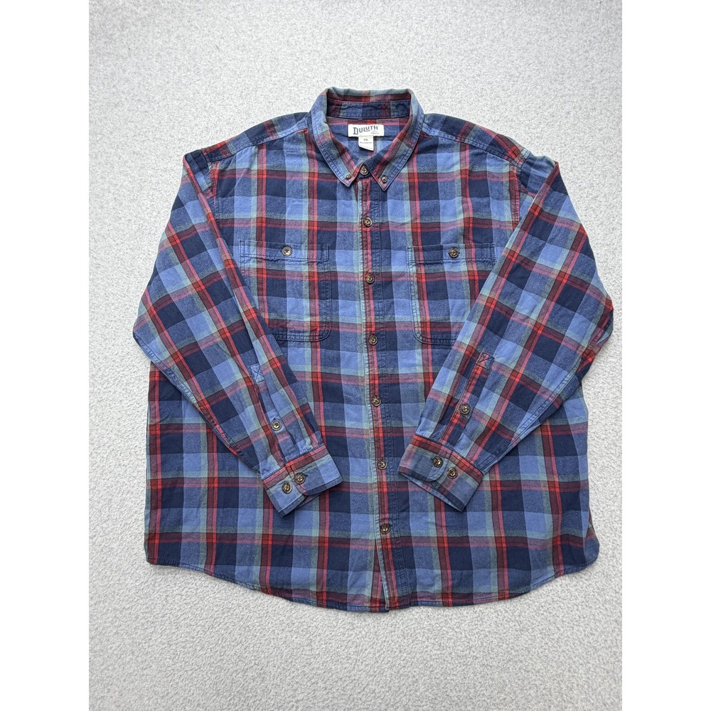 Duluth Trading Co Shirt Mens 2XL Blue Plaid Long Sleeve Flannel Button Casual